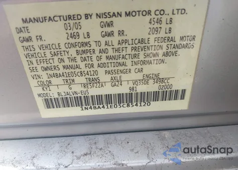 2005 Nissan Maxima 3.5 Se z USA, uszkodzony, nr VIN 1N4BA41E05C854120